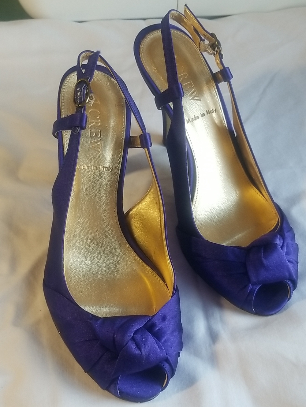 J. Crew Purple Indigo Satin Knotted Peep-Toe Slingback Heels